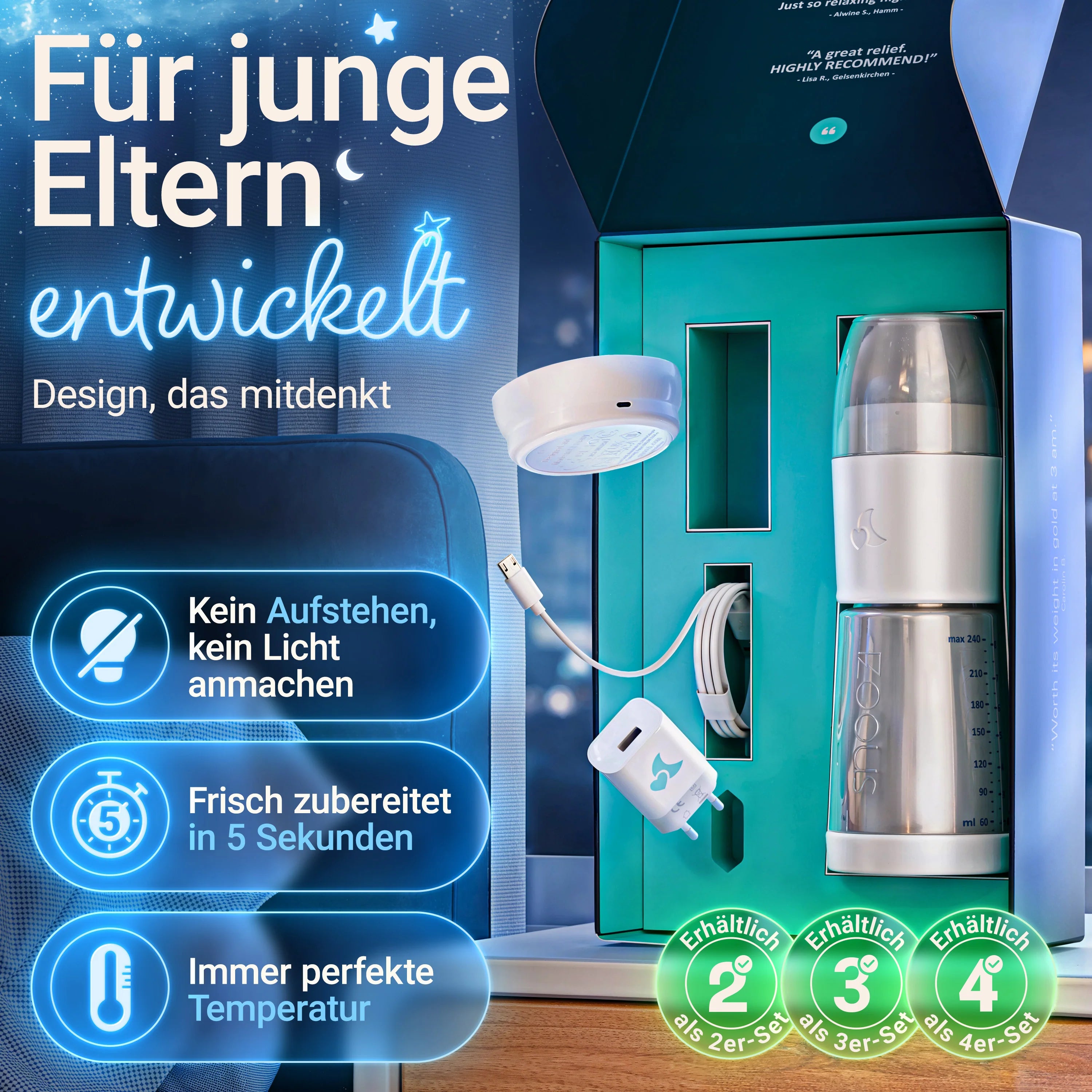 Snoozi Baby Night Bottle Set with Automatic Bottle Warmer – Fast & Easy Night Feeding